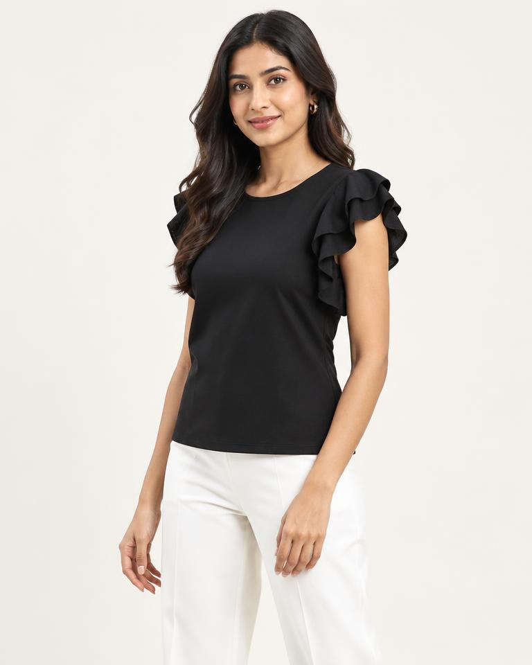 Black Ruffle Sleeve Top in Black