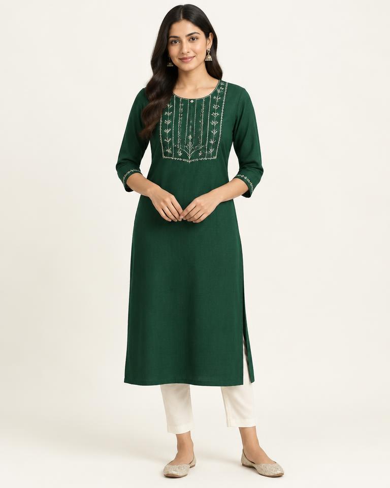 Emerald Green Embroidered Kurti in Emerald Green