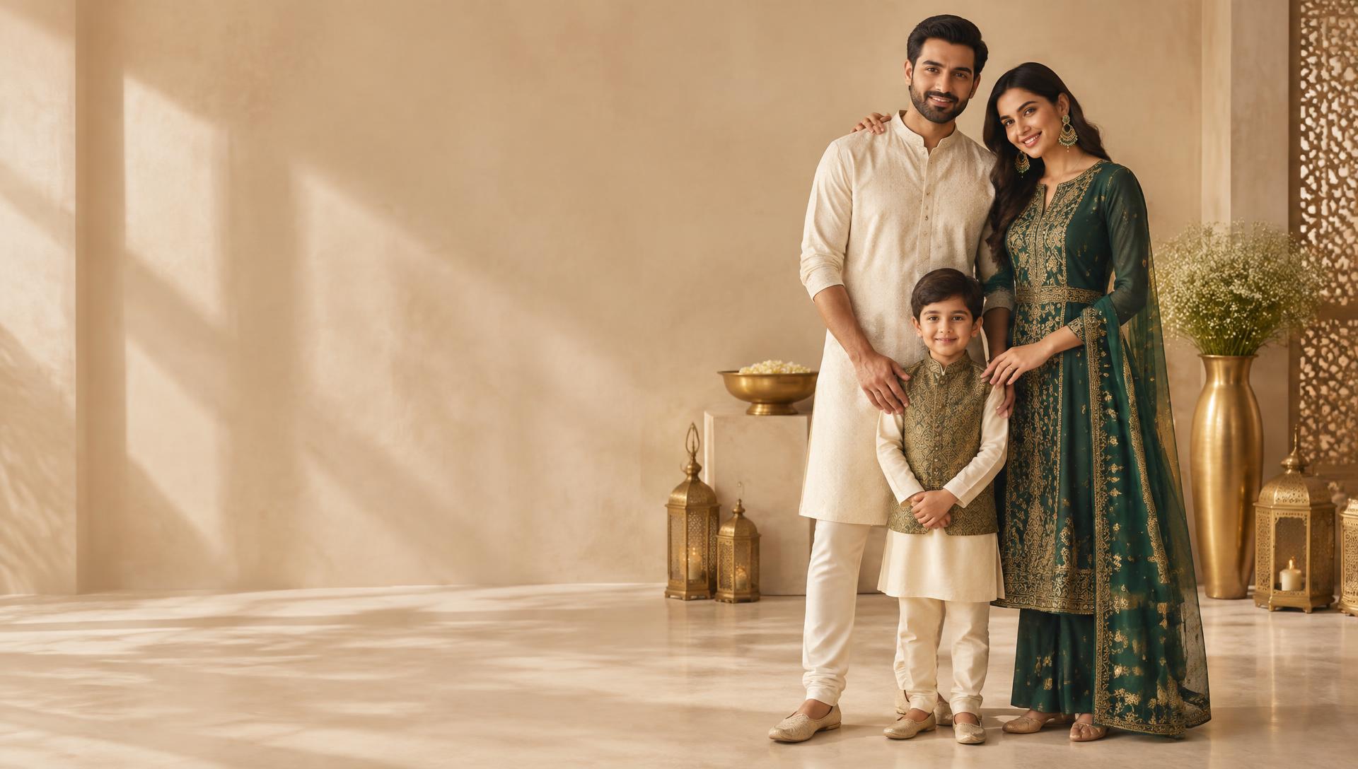 Indian family in elegant ethnic clothing from Shreenathji Fabrics
