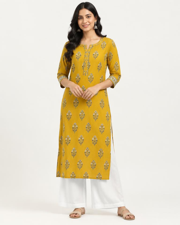 Mustard Yellow Block Print Kurti in Mustard Yellow