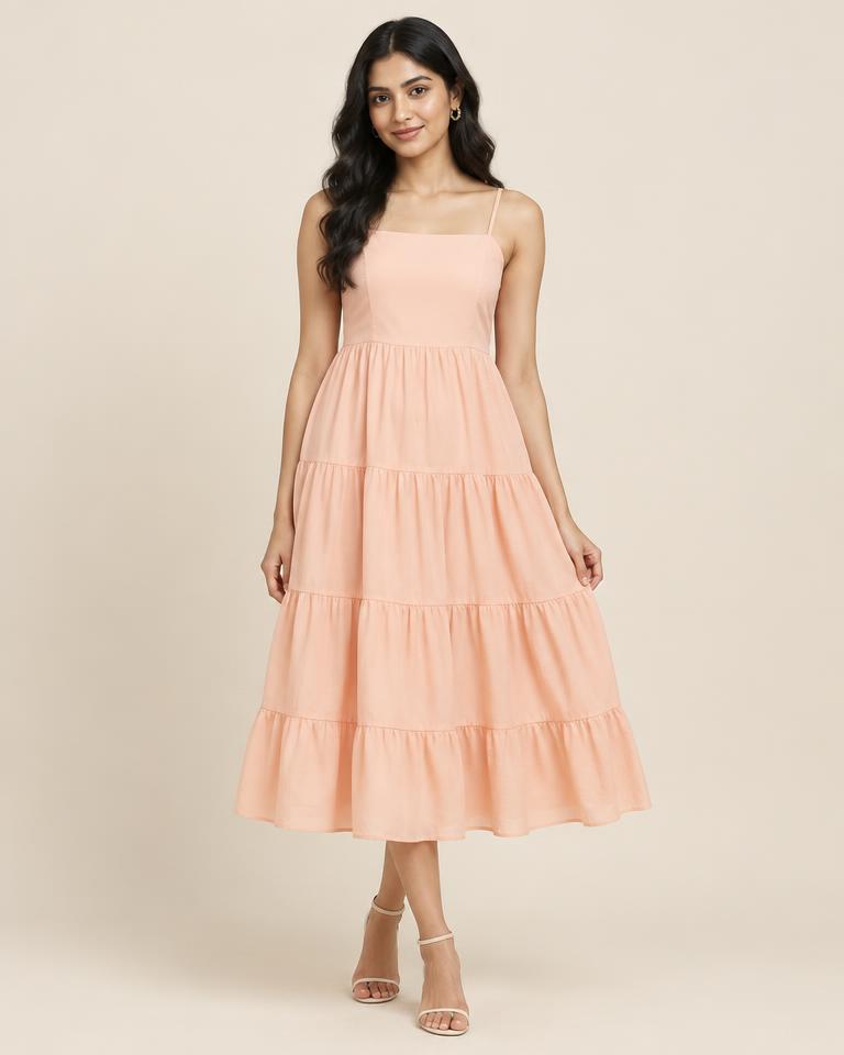 Peach Tiered Midi Dress in Peach