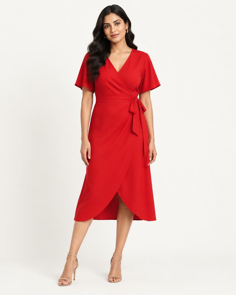 Red Wrap Midi Dress in Red